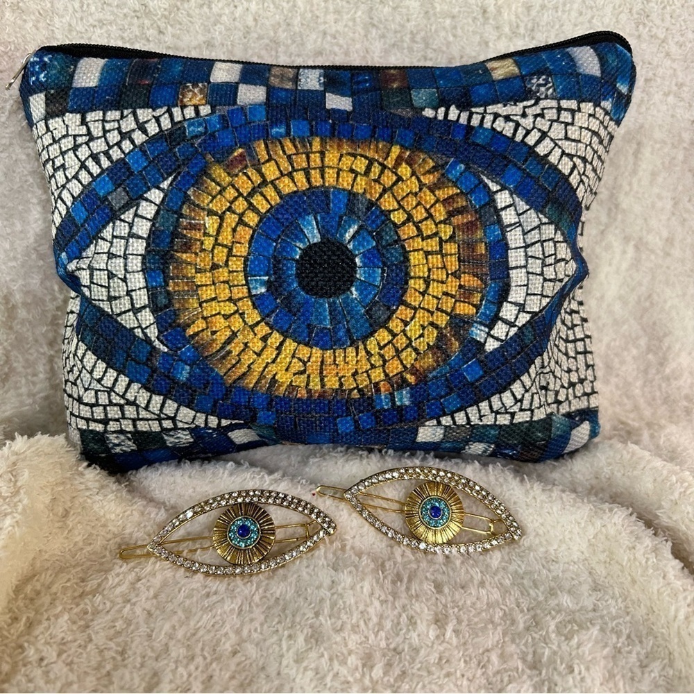 PROTECTION LUCKY EVIL EYE TOILETRY MAKEUP BAG AND EVIL EYE HAIR BARRETTES NWOT